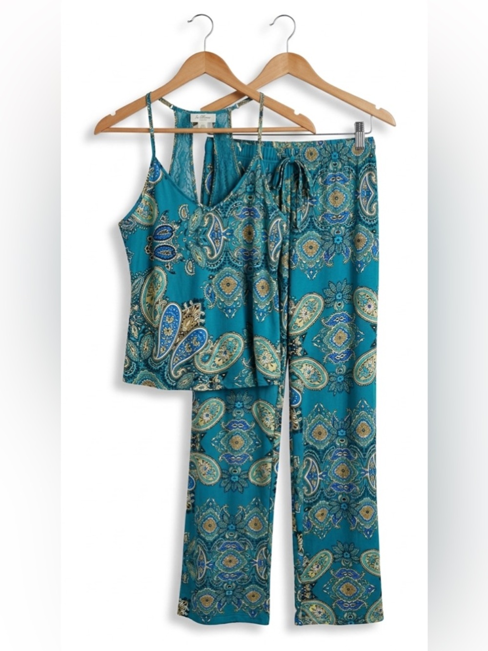 IN BLOOM by Jonquil Teal Paisley Floral Pajama Set Lace Racerback Cami Pants S